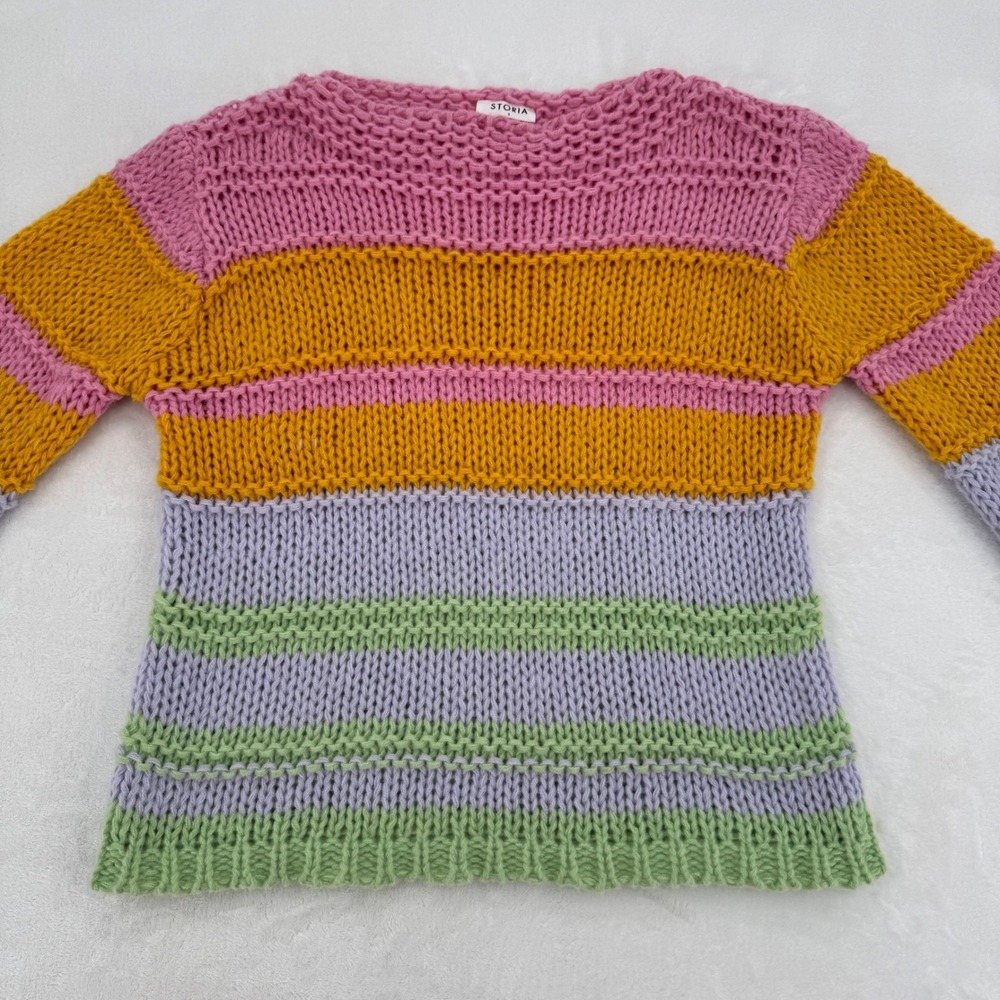 Storia Womens Chunky Knit Pastel Boho Multicolor Striped Sweater Size Small